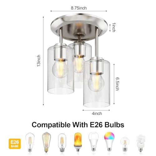 Kalium 3-Lights Semi Flush Mount Ceiling Light Fixture, Farmhouse Light Fixtures, Ceiling Light Decor for Kitchen, Foyer, Entryway, Brushed Nickel with Clear Glass Shade.