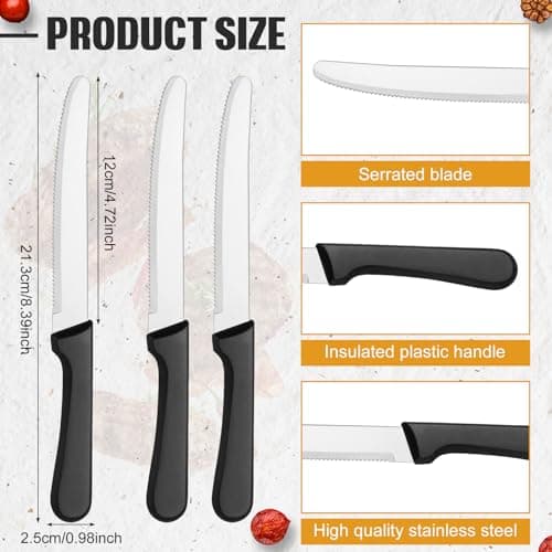 Zhehao 150 Pcs 8.39 Inches Steak Knife Sets Black Stainless Steel Serrated Edge Dinner Knives with Plastic Handle and Round Tip for Home Restaurant