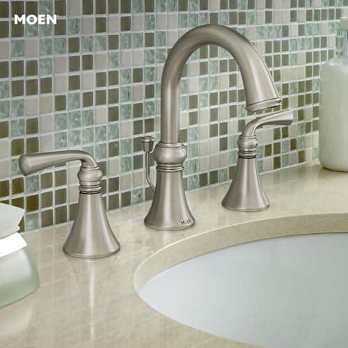 Moen Wetherly Spot Resist Brushed Nickel Two-Handle Widespread Bathroom Faucet with Valve Included, Bathroom Faucets for Sink 3-hole Deck Mounted Setup, WS84855SRN