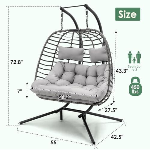 2 Person Hanging Egg Chair with Stand for Outdoor, Patio Hand Made Rattan Wicker Double Egg Swing Chairs Hammock Chair with UV Resistant Cushion and Metal Frame, Porch Swing Loveseat for Backyard