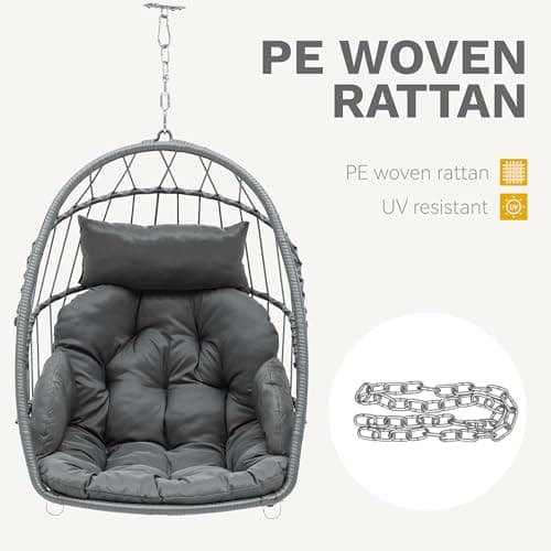 DWVO Egg Chair Without Stand, Basket Chair Hanging Outdoor Rattan Wicker Patio Hammock Indoor Egg Chair with Cushion, Hanging Swing Chair 350lbs for Porch, Garden, Bedroom, Balcony, Gray