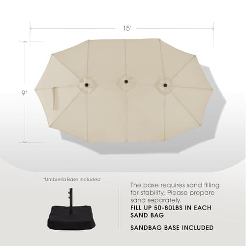 wikiwiki 15ft Large Patio Umbrellas with Base Included, Outdoor Double-Sided Umbrella with Crank Handle, Powerful UV Protective, for Pool Lawn Garden, Beige