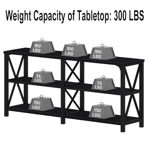 IBF Black Console Table, Modern Industrial Sofa Table with 3 Tier Storage Shelves, Farmhouse Wooden Metal Entryway Table for Living Room, Hallway, or Foyer, Black Oak, 63 Inch