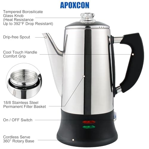 Electric Coffee Percolator Stainless Steel Coffee Maker with Heat Resistant Tough Glass Clear Brew Progress Knob, Keep Warm & Cordless Serving Classic Coffee Pot with On/OFF Switch 12 Cup