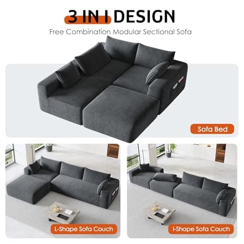 110”Modern Modular L-Shape Couch with Chaise, Modular Sectional Couches for Living Room, Deep Seat Boneless Sofa Bed, No Assembly Required Sleeper Sofa, Plush Corduroy Fabric, Dark Gray