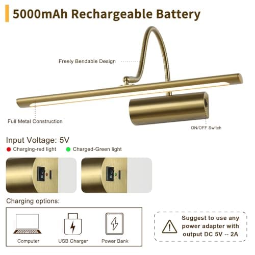 JOOSENLUX Battery Operated Picture Lights Gold Wall Lights Wireless Flexible Neck with Remote Rechargeable Wall Lights for Pictures 16" Dimmable Display Art Light with Timer 3000K Brass