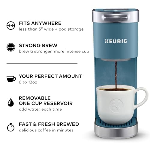 Keurig K-Mini Plus Single Serve K-Cup Pod Coffee Maker, with 6 to 12oz Brew Size, Stores up to 9 K-Cup Pods, Travel Mug Friendly, Evening Teal