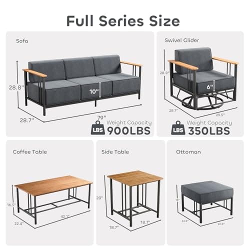 Luxury Outdoor Furniture Set with Swivel Chairs, 7 PCS Patio Furniture Set with Extra Thick Cushions, Suitable for Porch, Balcony, Deck, Patio, Yard, Poolside, Black/Grey
