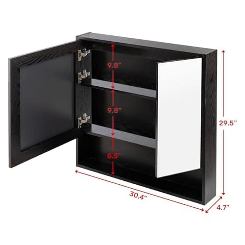 ALIMORDEN Medicine Cabinet with Mirror and Shelves, Oversized Bathroom Wall Storage Organizer Over The Vanity, Toilet, Recessed or Surface Mount, 30.4" L x 29.5" H, Black