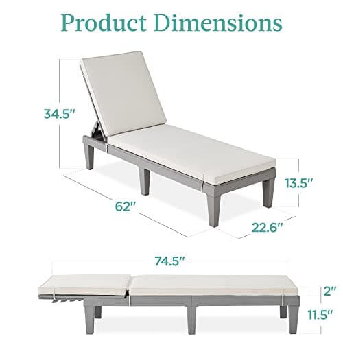 Best Choice Products Outdoor Lounge Chair, Resin Patio Chaise Lounger for Poolside, Backyard, Porch w/Seat Cushion, Adjustable Backrest, 5 Positions, 330lb Capacity - Gray/White Sand