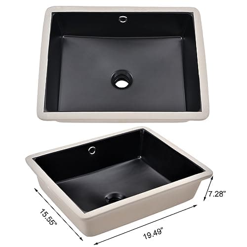 Undermount Bathroom Sink Rectangle, 20"x15" Black Bathroom Vessel Sink Porcelain Ceramic Modern Art Lavatory Vanity Under Counter Basin with Overflow