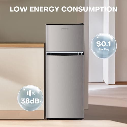 Upstreman 4.0 Cu.Ft. Mini Fridge with Freezer, Dorm Essentials, Double Door, Small Refrigerator for Office, Dorm, Bedroom, Adjustable Thermostat, Large Capacity, Stainless-SR401
