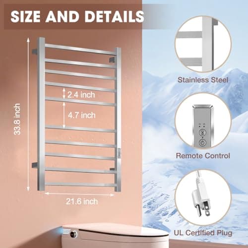 Towel Warmer for Bathroom, Heated Towel Warmer Rack Wall Mounted, 10 Bar Large Electric Hot Towel Rack with Built-in Timer, Hard-Wired & Plug-in, Fast Heating, Nickel Silver