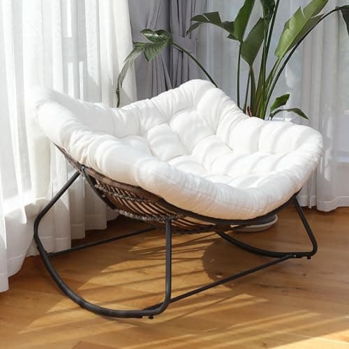 Papasan Rocking Chair, Rattan Rocking Chair, Oversized Outdoor Chair with Deep Seat Thick Cushion, Patio Rocking Chair for Bedroom/Porch/Garden (White & Black)