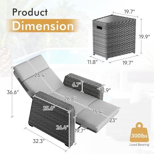 Outdoor Recliner Patio Chair, All-Weather Wicker Furniture Reclining with Air Pump, 150° Lay-Flat Position, Extended Footrest, Flip-Up Side Table, Removable Gray Olefin Cushions