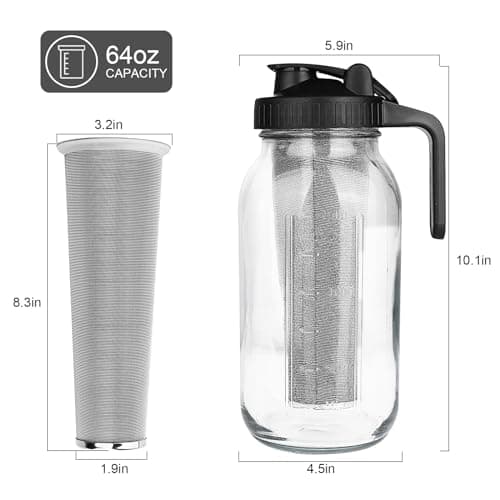 Cold Brew Coffee Maker,64 oz Mason Jar Pitcher with Stainless Steel Filter, Pour Spout Handle Lid, Heavy Duty Glass Airtight & Leak-Proof Pitcher for iced coffee Tea Lemonade