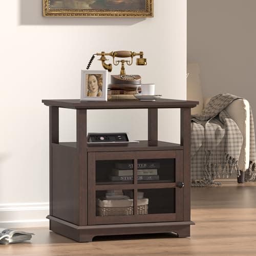 HIFYOBRO 24''Tall End Table with Charging Station, Adjustable Shelf, Storage Side Table,21" Large Nightstand for Living Room, Bedroom,Espresso