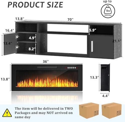 PUKAMI 70" Floating TV Stand with 36" Electric Fireplace,Wall Mounted Fireplace Entertainment Center with LED Lights and Highlight Storage Cabinet for TVs up to 80", for Living Room (Black)