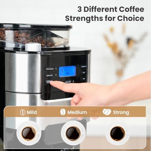 Gevi 10-Cup Coffee Maker with Built-in Burr Grinder, Programmable Timer, 1.5L Water Tank, Reusable Filter & Warming Plate – Drip Coffee Machine for Fresh Ground Coffee