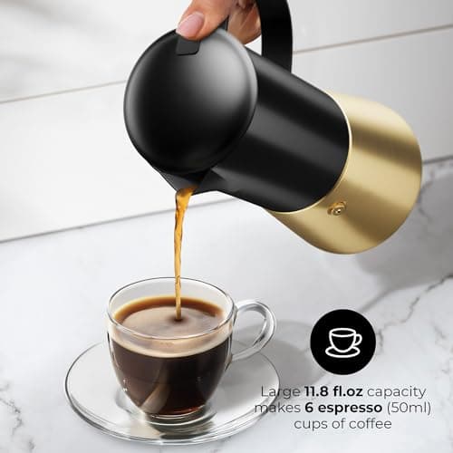 Moka Pot Espresso maker, Stovetop Stainless Steel Manual Espresso Italian Cuban Coffee Maker, 6 cups (350 ml), Elegant Coffee Maker Percolator Cafetera, Black/Gold