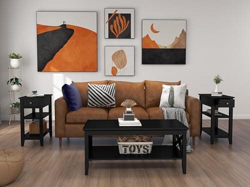 ChooChoo Side Table Living Room Set of 2, Narrow End Table with Drawer and Shelf, 3-Tier Sofa End Table for Small Space