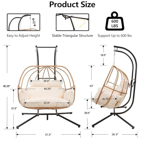 Hanging Chairs with Stand, All Weather Double Egg Chair Outdoor, Metal Hanging Egg Chairs Outdoor, 2 Person Oversized Swing Egg Chair, Modern Balcony Basket Loveseat for Indoor/Deck, Beige