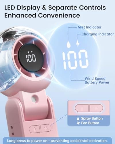 TriPole Misting Fan Portable Handheld Turbo Fan with Mist, LED Display, Neck & Desk Foldable High Speed Airflow Mini Fans, Rechargeable Personal Mister Fans with Water Spray Bottle for Outdoor Travel