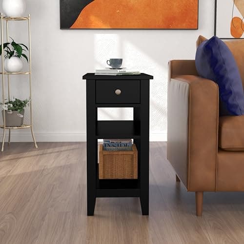 ChooChoo Side Table Living Room Set of 2, Narrow End Table with Drawer and Shelf, 3-Tier Sofa End Table for Small Space