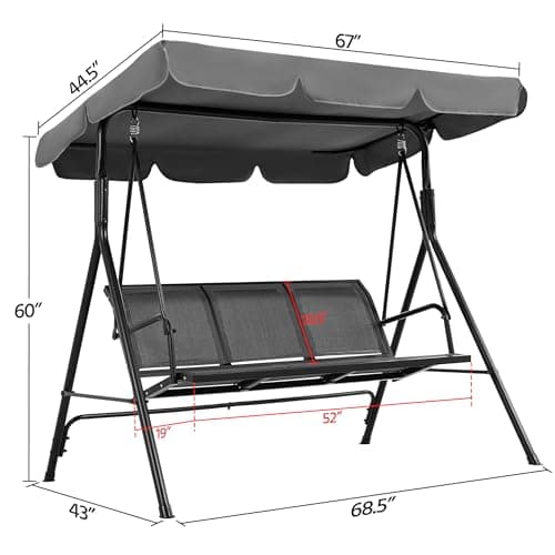 Yaheetech Outdoor Patio Swing Chair, 3-Seat Patio Sunset Hanging Swing Glider w/Adjustable Canopy & Texteline Fabric & Armrests, Outdoor Love Seat Bench for Patio/Garden/Yard/Porch, Gray