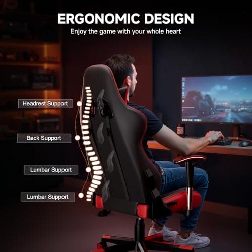 GTRACING Gaming Chair with Reclining Backrest, Adjustable Height and Swivel Base, Ergonomic Computer Chair with Headrest and Lumbar Support (Red)