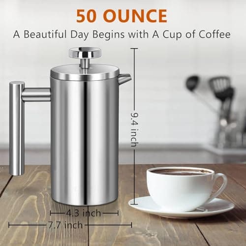 French Press Coffee Maker 50oz, 304 Stainless Steel Double Wall Insulated, Portable Coffee Press for Camping, Backpacking, Kitchen, Gift Set with Stainless Steel Filter - Silver