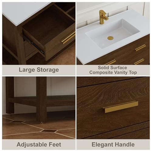 36 Inch Bathroom Vanity with Sink, Farmhouse Storage Cabinet with Drawers & Open Storage Shelf, Easy Assembly, Adjustable Feet, Walnut