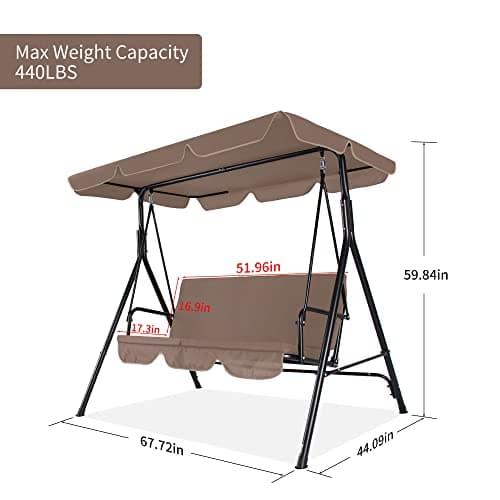 3-Seat Patio Swing Chair, Outdoor Porch Swing with Adjustable Canopy and Durable Steel Frame for Patio, Garden, Poolside(Brown)