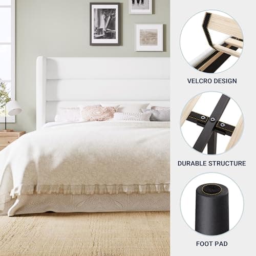Allewie Queen Size Platform Bed Frame with Velvet Upholstered Wingback Headboard, No Box Spring Needed, Under Bed Storage Space, Strong Wooden Slats, Modern Mattress Foundation, Easy Assembly, White