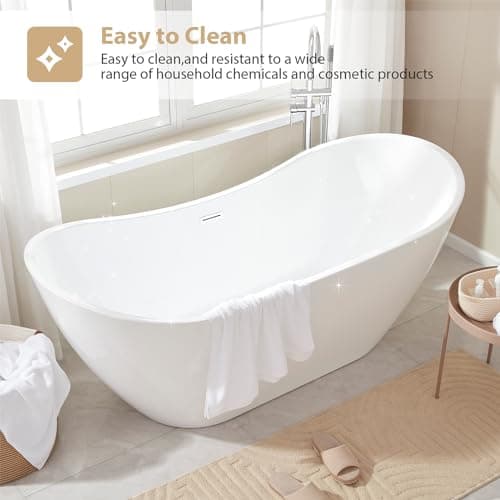 Vanity Art 71" Freestanding Bathtub | Free Standing Tub Stand Alone Tub with Contemporary Design for Soaking and Bathing, Overflow and Pop-up Drain with UPC Certified, Acrylic, VA6517-PW