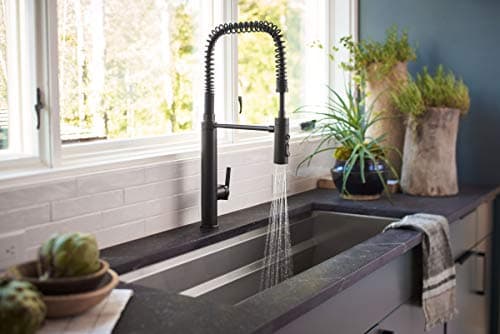 KOHLER 24982-BL Purist Commercial Style Pre-Rinse Kitchen Faucet with 3-Function Sprayhead, Kitchen Sink Faucet with Pull Down Sprayer, Matte Black