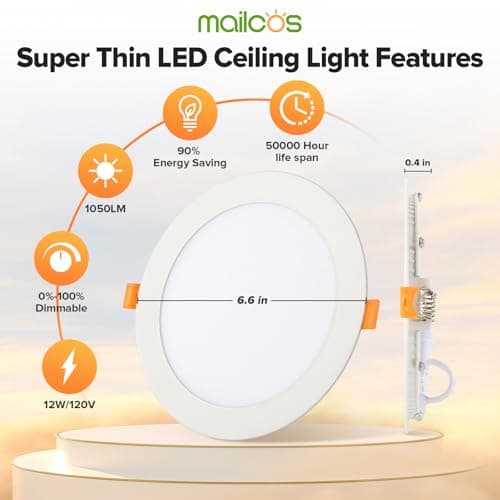 MAILCOS 12 Pack 6 Inch 5CCT Ultra-Thin LED Recessed Ceiling Light with Junction Box, 2700K-5000K Selectable, 1050LM High Brightness, Dimmable Canless Wafer Downlight, 12W 120V, ETL
