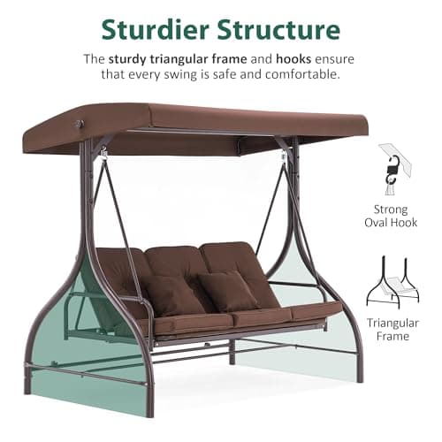 MCombo 3-Seat Outdoor Patio Swing Chair, 2-in-1 Convertible Porch Swing Glider Chair with Removable Cushions, Adjustable Canopy & Pillows for Backyard, Deck, Garden, 4068 (Brown)