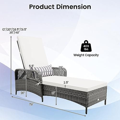COSTWAY PE Rattan Chaise Lounge Chair, 6 Gear Adjustable Recliner with Armrest & Pillow, Wicker Outdoor Furniture for Deck, Patio (1, Gray)