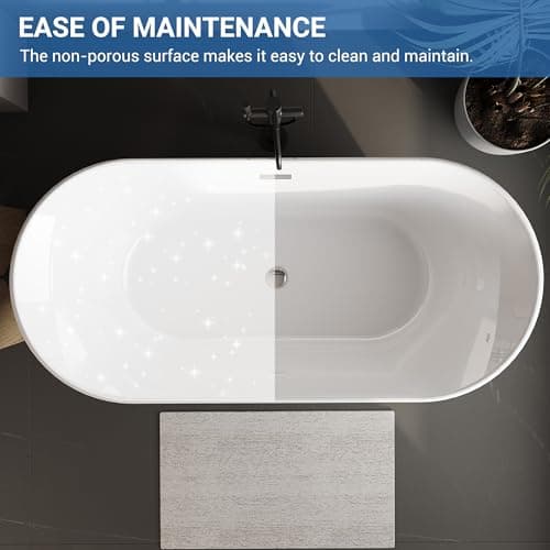 67 Inch Acrylic Freestanding Bathtub, Luxury Oval Soaking Tub, Modern Stand Alone Bath In White, with Chrome Drain, Overflow, Deep Soak Freestanding Tub for Bathroom