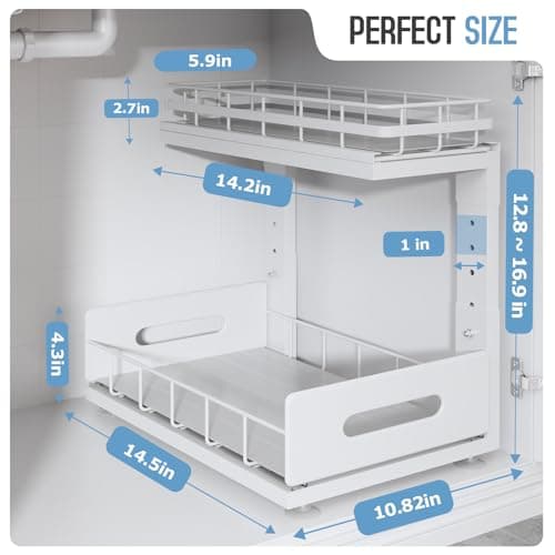 2 Pack Under Sink Organizer with Smooth Ball Bearing Slides, 2-Tier Pull Out Cabinet Storage, Slide Out Drawers for Bathroom and Kitchen, Under Sink Shelf, Rust-resistant Coating, Height Adjustable