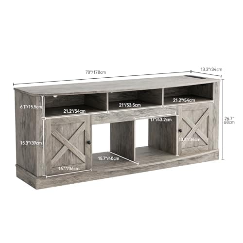 DWVO TV Stand for 75/80 Inch TV, Entertainment Center, LED Light Media Console, TV Cabinet with Barn Doors and Power Outlet for Living Room, Washed Grey