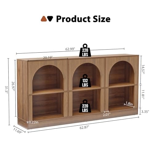 Console Table with 3-Tier Open Storage, 63" Arched Entryway Table with Carved Fluted Panels, Rectangular Wooden Sofa Table for Living Room, Hallway, or Behind Couch (1, Walnut)