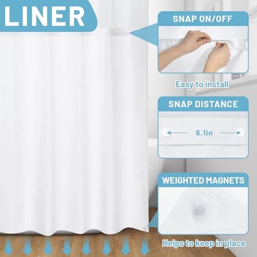 No Hook Shower Curtain with Snap in Liner - Watercolor Floral Shower Curtain - Fabric Waterproof Inner Liner, Plants Blue Beige Flowers White Cloth Shower Curtains Washable, 71 x 74 Inch
