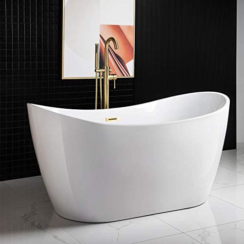 WOODBRIDGE 59" Acrylic Freestanding Bathtub Contemporary Soaking White Tub with Brushed Gold Overflow and Drain，BTA1516-BG-Drain-&O