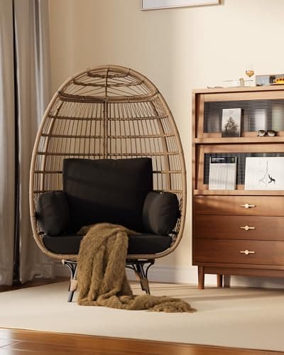 360°Oversize Swivel Egg Chair Outdoor, Heavy-Duty Steel Wicker Egg-Shaped Chair w/4 Cushions, Patio Rotating Rattan Egg Basket Lounge Seat for Patio, Porch, Backyard, Living Room, Black