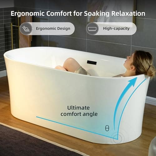 WOODBRIDGE 59" Acrylic Freestanding Bathtub Contemporary Soaking Tub with Matte Black Overflow and Drain,White Tub,B0058-MB