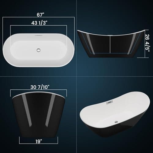 59" Acrylic Freestanding Bathtub, Free Standing Soaking Tub, Freestanding Tub with Overflow and Matte Silver Drain, Modern Bathtub for Bathroom, Hotel, Easy to Install, CUPC Certified, Black, Sky