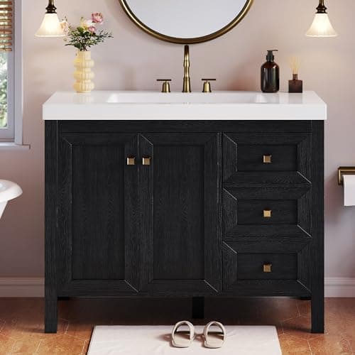 DWVO 42 Inch Bathroom Vanity with Sink Combo, Modern Bathroom Storage Cabinet with Resin Basin, Three Holes, 2 Doors & 3 Drawers, Black