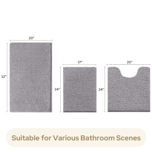 HOMEIDEAS 3 Pieces Bathroom Rugs, Ultra Soft Non Slip Absorbent Chenille Toilet Bath Mat Set (Grey)